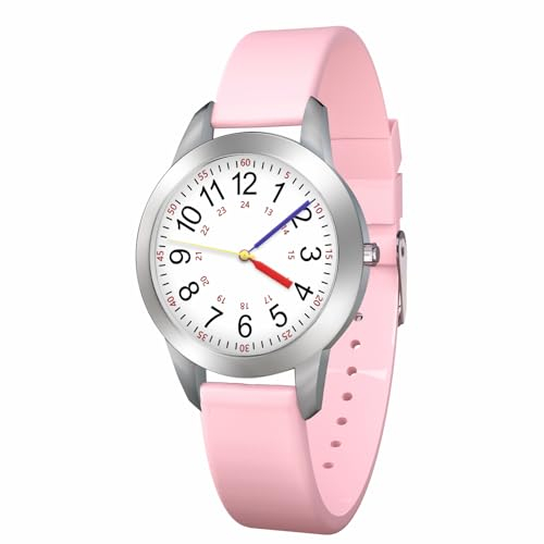 SOCICO Kinderuhr für Jungen Mädchen, Lernuhr Kinder Armbanduhr 3ATM/30M wasserdichte, Zeit Lernen Geschenk Analog Kinder Uhr(Rosa)