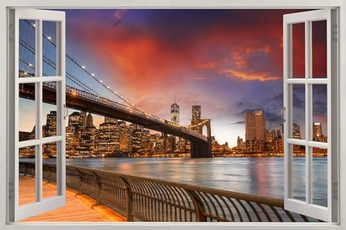 HUBDECO - Wandtattoo - Wanddeko - Selbstklebende Folie - Fototapete - Wandsticker - Fototapete 3d Effekt - Selbstklebende Tapete - Fenster & Stadt Motiv - Brücke, Stadt bei Nacht - 150x100cm