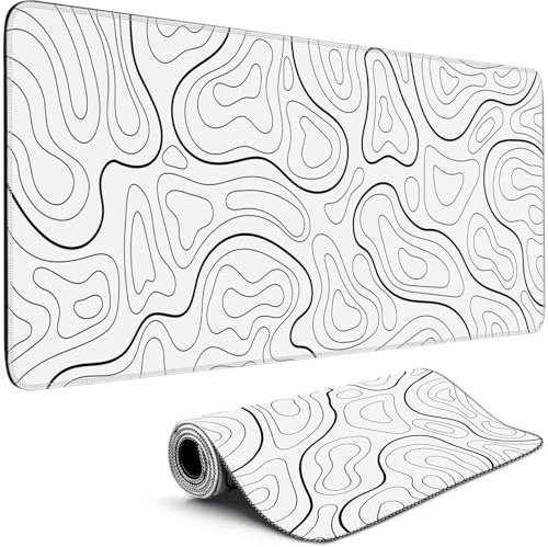 TLZA Gaming Mouse Pad Big Mousepad with Non-Slip Rubber Base, 31.5 x 11.8 in XL Large Desk Mat for Gaming Home Office, Long Keyboard Pad Mouse Mat for Computer with Stitched Edges, White Topographic