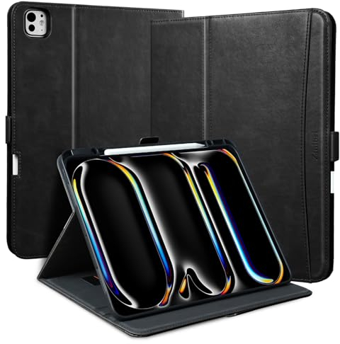 Zinibri Funda para iPad Pro 13 Pulgadas M4 2024 (7.ª Generación) A2925 A2926 A3007 con Portalapiz Bolsillo Correa de Mano Cierre Magnético Carcasa Cuero PU Soporte Case Auto Sueño/Estela,Negro