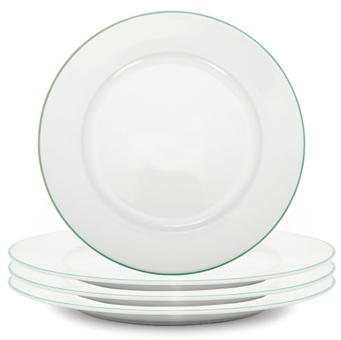 Happy Homewares Premium Set of 4 White Ceramic Dinner Plates with Elegant Thin Green Rim - Durable, Stylish Dinnerware for Modern Table Settings