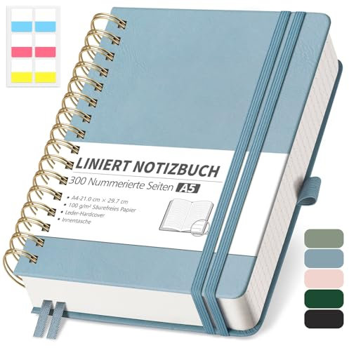 RETTACY Notizbuch A5 Liniert, Bullet Journal mit 100 g/m² Dickem Papier, 150 Blatt/300 Nummerierten Seiten, Collegeblock für Büro und Schule, Lederhülle, Grau-Blau, 14.8 cm x 21 cm