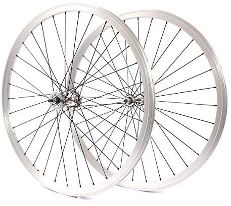 KHE Fixie Laufradsatz 700c 28 Zoll Doppelkammerfelge 32 Loch Silber 30mm hoch inkusive Starr- und Freilaufritzel