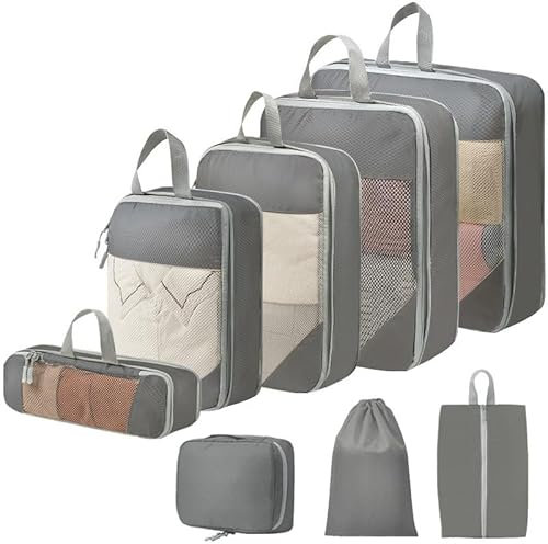 Koffer Organizer Set 8-teilig, Komprimierbaren Packwürfeln zur Organisation Ihres Reisegepäcks, Compression Packing Cube, Koffer Organizer für Urlaub und Reisen, Ordnungssystem für Koffer (Grau)
