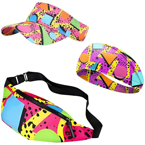 80s Fancy Dress Kostüm Set Adult Sports Hip Hop Zubehör (mit Sonnenschirm Hut, Haarband, Schulranzen) Fancy Dress Sports Hip Hop Kostüm Zubehör 80s 90s Adult Karneval Disco Party Kostüm (Pink)