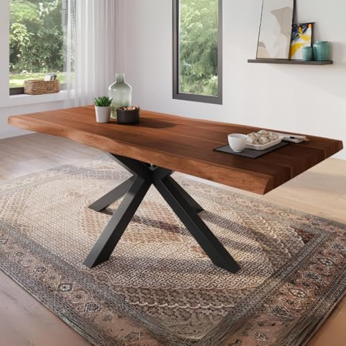 trelevo Esszimmertisch 200x100 cm, Akazienholz massiv, Tischplatte nussbaumfarben, echte Baumkante, Spider Gestell schwarz, Baumkantentisch