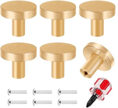 GlasFlength Bouton de Meuble, 6 Pièces Laiton Rond Boutons de Tiroir en Or Poignée de Meuble Vintage avec Vis Assorties et Tournevis Boutons de Portes pour Placards Commode Armoire (25 * 20 mm)