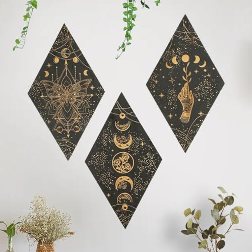 MIUUIPI Mondphasen Wanddeko Holz Wandbehang Boho Wand Deko Wanddekoration Kunstdekoration, Mond Dekoratives Gemälde, Boho Holz Wandkunst Deko für Schlafzimmer, Wohnzimmer, Esszimmer, Büro