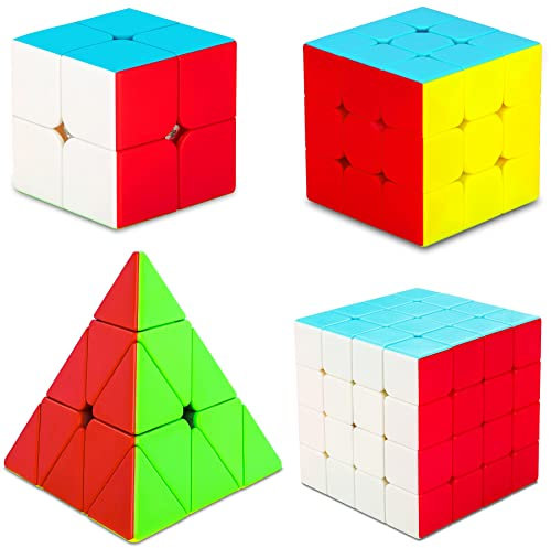 SISYS 4 Pack Zauberwürfel Set Speed Cube 2x2 + 3x3+ 4x4 + Pyraminx Pyramide Magic Puzzle Cubes Würfel Aufkleberlos Speedcube 3D Puzzle Spiele für Kinder Erwachsene