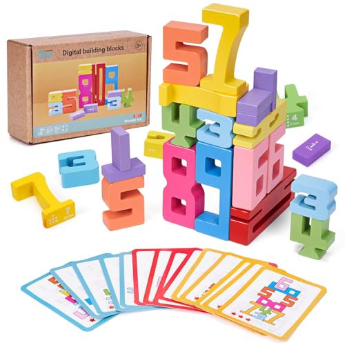 PKKP 20 Stück Number Blocks, Holzzahlenblöcke mit 15 Zahlenstapelkarten, Sensorik Holzbausteine Bausteine, Mathematisches Lernspiele Montessori Spielzeug ab 3 Jahre, Solid Wood Building Blocks