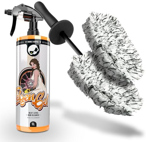 Nuke Guys Felgen Reinigungsset | Felgenreiniger 1l mit Wirkindikator + Mikrofaser Felgenbürste + Ersatzbezug | Stark gegen Bremsstaub & Flugrost | Felgen Reinigung Set für Auto & Motorrad