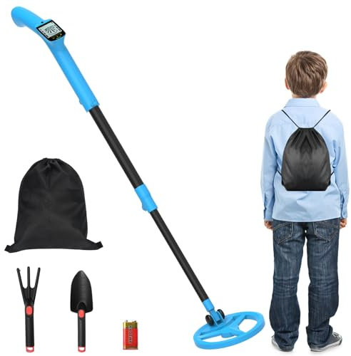Metalldetektor Kinder, Leichte Kinder Metalldetektoren mit LCD-Display, Hochempfindlicher Metalldetektor für Kinder mit Schaufelharke und Rucksack, Verstellbarer Stiel, Faltbar, für Anfänger, Junior