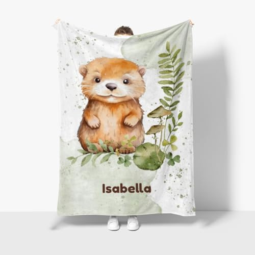 fotobar Kuscheldecke mit Namen – Kleiner Otter, 140 x 200 cm, für Kinder | Mit Wunschnamen, flauschiger Fleece ca. 265 g/m², Öko-Tex Standard 100, in Deutschland bedruckt