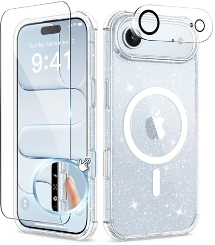 BERFY for iPhone 17 Air Case for Women, Compatible with MagSafe | Clear Glitter Shockproof Protective Magnetic Cute Phone Case with Screen Protector, Anti-Yellowing, Sparkle-Clear