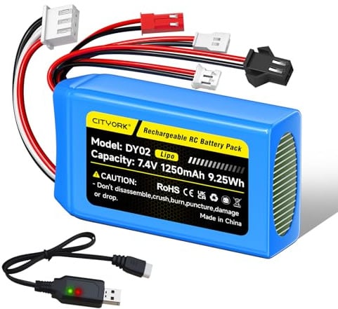 CITYORK 7.4V/1250mAh Lipo RC Wiederaufladbarer Akku Pack mit JST Stecker & PH2.0 & SM-2P & MX2.0 Plug Connector, Akku für WLtoys RC Cars A949 A959 A969 A979 K929 and Most 1/10 1/16 1/18 1/24 RC Truck