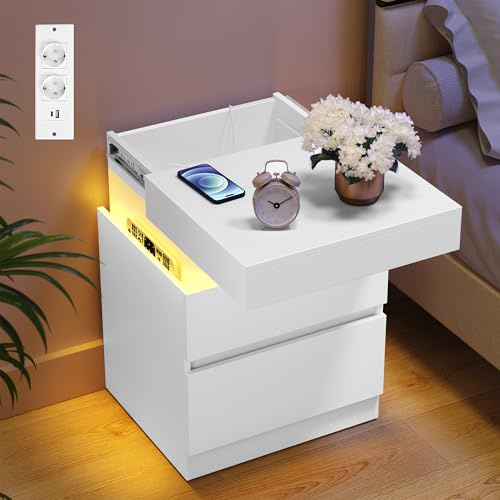 VASAGLE Nachttisch 2er Set, mit Steckdosen, 2 Schubladen, LED-Beleuchtung | Beistelltisch, kleiner Tisch, modern, Schiebedeckel, 35 x 40 x 55 cm, Wolkenweiss, KAILYN Kollektion LET840WB01