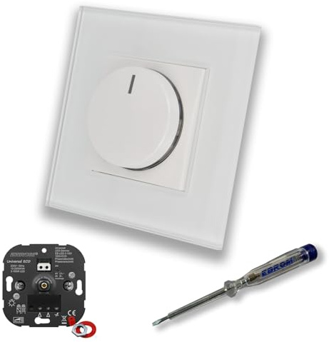 EBROM SET IDEE: EBROM 1003 ECO LED Universal Dimmer 3-100 Watt Drehdimmer + Busch Jäger Scheibe 2115-914 alpinweiß glänzend + EBROM Glasrahmen weiß + Phasenprüfer zur Montage des Dimmers ET1 66012B