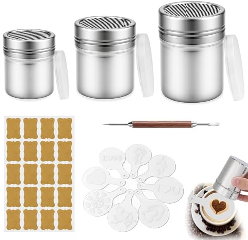 Pudersockerströare, 3 stycken mjölströare med lock, pulverströare rostfritt stål kakaoströare med 8 kaffestenciler för bakning matlagning kaffe choklad socker salt
