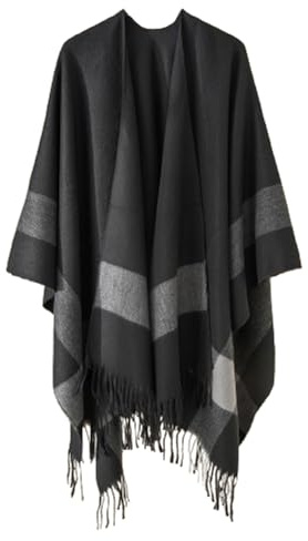 Foweknow Poncho in pile da uomo, invernale, caldo, mantello in pile spesso per autunno e inverno, mantello termico avvolgente alla moda, a blocchi di colore, aperto sul davanti, giacca invernale da