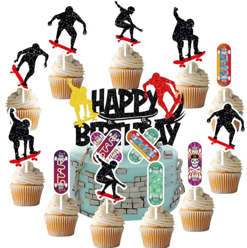 YUEcthynous Skateboard Cake Topper,17 Stück Skateboarding Happy Birthday Tortendeko Cake Topper Geburtstag für Junge Geburtstagsparty Dekorationen Tortendeko skateboard