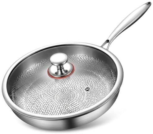 Titan Pfanne 28 cm mit Deckel, Unbeschichtete Bratpfanne aus reinem Titan, Kratzfest & Spülmaschinenfest, Physikalische Antihaft-Struktur durch gehämmertes Muster, Für alle Herdarten & Induktion