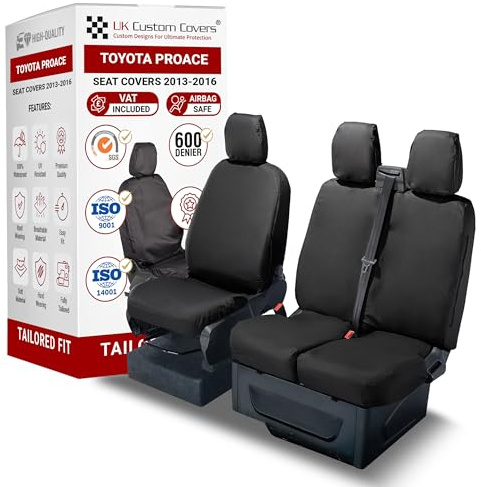 To Fit Toyota Proace Seat Covers 2013-2016 Front Set | Waterproof & Heavy Duty, Airbag Compatible, Easy To Fit - Tailored Driver & Double Passenger Black