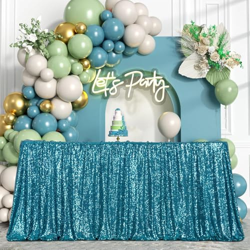 3E Home Teal Sequin Tablecloth 125x200cm (50x80 Inches), Oblong Glitter Table Cover for Party, Cake, Dessert Table, Wedding, Exhibition & Special Events