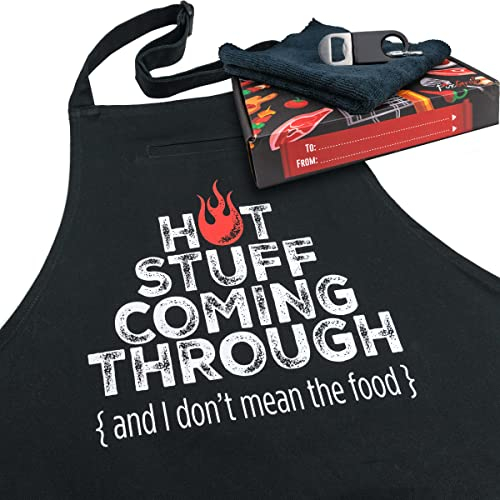 FixGrub Kochschürze für Männer, Kochschürze, lustige Schürze, Grillschürze, 3 Taschen, Flaschenöffner, Handtuch und Geschenkbox enthalten, schwarz, 100% Baumwolle, langlebig, Profi-Qualität