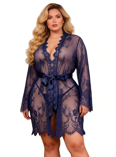 ohyeahlady Kimono Donna in Pizzo Babydoll Pigiama Corto con Cintura con Perizoma Scolla V Camicia da Notte Taglie Forti Floreale(Blu,3XL)