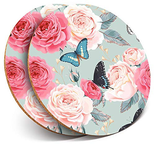 2 x Round Coasters - Pink Roses Butterfly Flower Vintage - Cork Backed Home Kitchen Accessory Tea Coffee Mug Mat #14243
