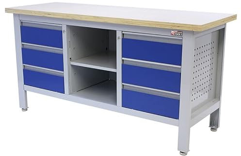 George Tools Göteborg werkbank 169 cm - mit 6 Schubladen und Multiplex-Arbeitsplatte - Blau