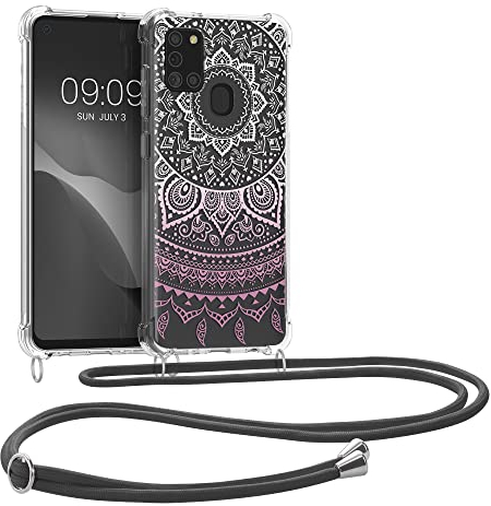 kwmobile Necklace Case kompatibel mit Samsung Galaxy A21s Hülle - Silikon Cover mit Handykette - Rosa Weiß Transparent Indische Sonne