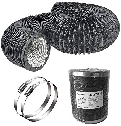 LOOTICH Strong 5 Air Duct 8 FT Long Black PVC Flexible Aluminum Ducting with 2 Stainless Steel Clamps 4 Layer HVAC Ventilation Hose for Grow Tents Dryer Rooms House Vent Register Lines