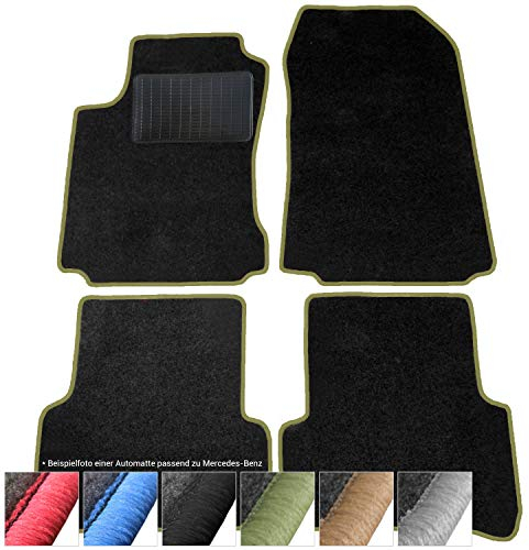 moto-MOLTICO Fußmatten Auto - Velours Autoteppiche passend für Mercedes-Benz E-Klasse W123 (1975-1986) - 4-teiliges Set - Schwarze Automatten mit Grünen Ziernähten