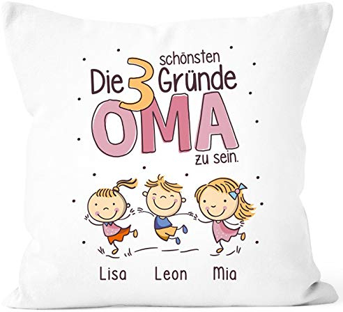 SpecialMe® Kissen-Bezug Die Schönsten Gründe Oma zu Sein Personalisiert Mit Namen 1,2,3,4 Kinder Geschenk Enkel für Oma Weiß 40cm x 40cm