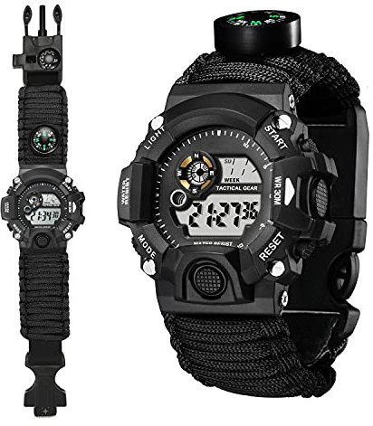 YzoTek Multifonction Montre Bracelet de Survie en Plein Air, Étanche Outils de Premiers Soins pour Sports d'urgence avec Paracord, Boussole, Thermomètre, Sifflet, Allume-feu, Grattoir