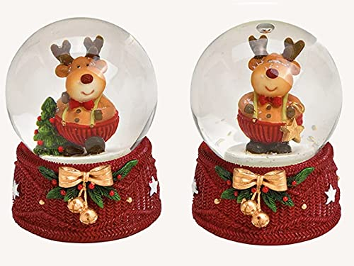 2er-Set Schneekugel mit lustigen Elch und süßen Details aus Poly und Glas 2 Fach Sortiert (rot) (Ø 4cm)