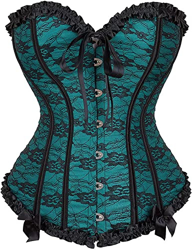 Josamogre Corset Bustier Top Overbust Womens Floral Lace Trim Satin Plus Size Cosplay Costume Renaissance Deep Green S