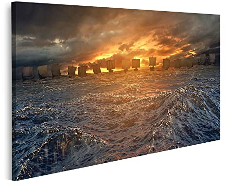 Bild auf Leinwand Wikinger Schiffe Unter Sturm Horizont Stürmischen Ozean Wandbild Poster Kunstdruck Bilder 100x57cm