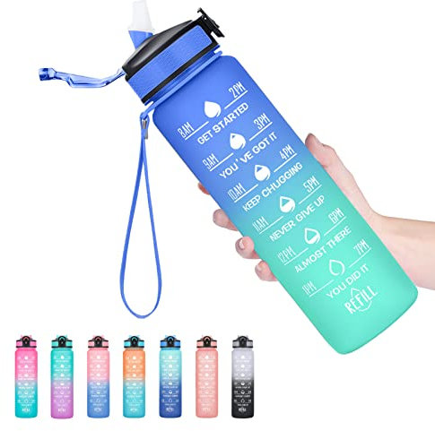 Hyeta Botellas de agua de 32 onzas con tiempos para beber y popote, botella de agua motivacional con marcador de tiempo, a prueba de fugas, botella de agua deportiva para fitness, gimnasio y al aire