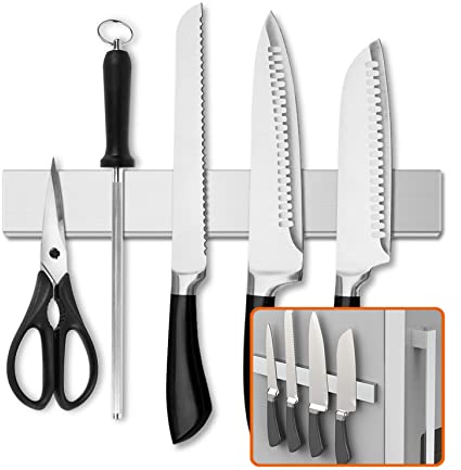 LERJU Fridge Applicable 12 Inch Double Sided Magnetic Knife Holder - Stainless Steel Knife Strip With Powerful Magnetic Pull Force - Use as Kitchen Knife Holder, Knife Rack & Tool Holder - Silver