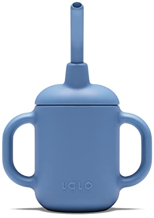 Lalo Little Cup, Non-Toxic Silicone Straw Cup with Handles - Baby and Toddler Sippy Cup - Mini Cup and Straw Training System, 4oz, Blueberry