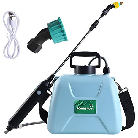 Raxove Pulverizador de agua para plantas de jardín alimentado por pilas, regadera automática de 5 litros con varita telescópica, 2 boquillas de pulverización y correa de hombro ajustable para riego de