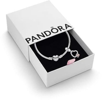 Pandora Heart Full of Hearts Set - Women's 14k Rose Gold-Plated and Sterling SilverHeart Full of Hearts Dangle Charm & Heart Clasp Snake Chain Bracelet - Jewellery Set With Gift Box, Size 17