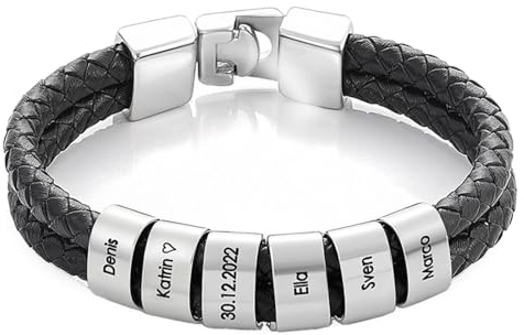 bijuuu Lederarmband Herren – Echtleder Armband mit Namen – Flechtarmband aus Leder inklusive Gravur – Namensarmband personalisiert – Geschenke für Männer – Edelstahl – Silver Beads (4 Ringe)