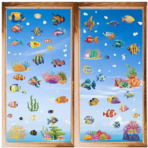 craspire 8 Blatt Fisch-Fensteraufkleber, Tropische Fische, Wandaufkleber, Koralle, Seestern, PVC, Wasserfest, Selbstklebend, Vinyl, Zum Abziehen Und Aufkleben, Für Schlafzimmer, Wohnzimmer, Geschäft