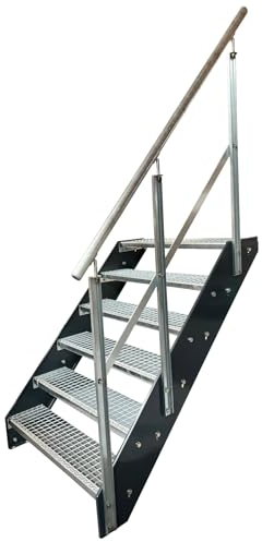 Kaminbau Mierzwa Premium Stahl Treppe mit verzinktem Geländer Rechts/Wangen Anthrazit RAL 7016/6 Stufen verzinkt (Breite 1200 mm) (Höhe 114 cm) Wetterfest Gitterroststufe Gartentreppe