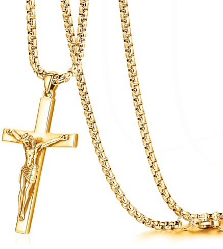 Eusense Kreuz Anhänger Gold Kruzifix Jesus Christus Halskette Kruzifix Halskette Anhänger Kette 925 Sterling Silber Religiöses Katholisches Amulett Schmuck Schutz Geschenk für Männer Frauen
