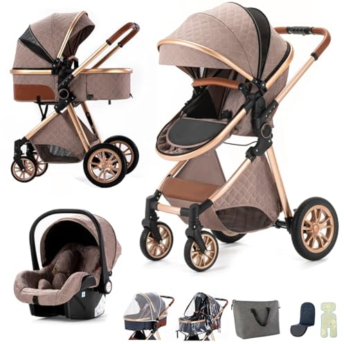 BEBBY passeggino trio, combinazione passeggino 3 in 1 passeggino cittadino con passeggino passeggino portatile con neonato passeggino pieghevole di lusso con passeggino ad alta vista (khaki)