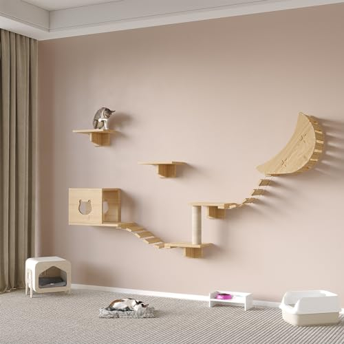 K KELBEL Katzen Wandregale,Katzenwandmöble Set aus Kiefernholz,Katzenregale für die Wand,8 Kletterwand Katzen Set Katzenkratzbaum mit 4 Stufen Wandregal,Kletterregal Spielplatz